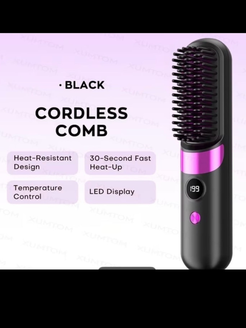 New! “XUMTOM” Black Cordless Hair Straightener Brush, Curling Iron. (4) Temps.